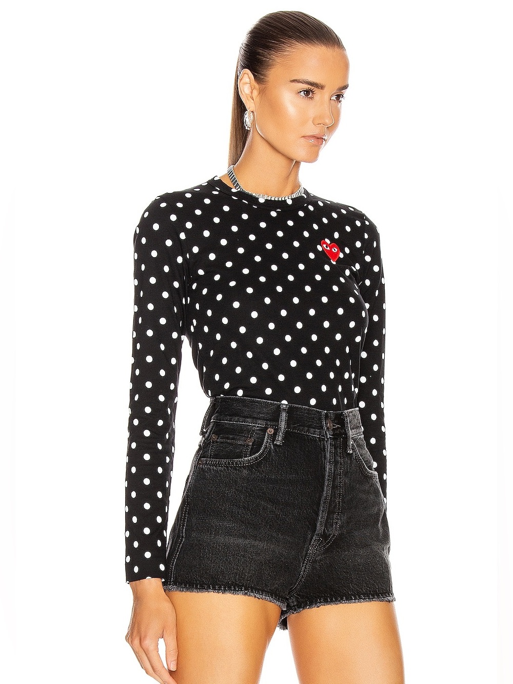 Comme des Garcons Black Polka Dot Long-Sleeve Tee with Red Heart